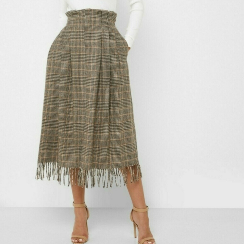 MNG by Mango Brown Front Split Fringe Detail Gingham Maxi Skirt Women's Size S